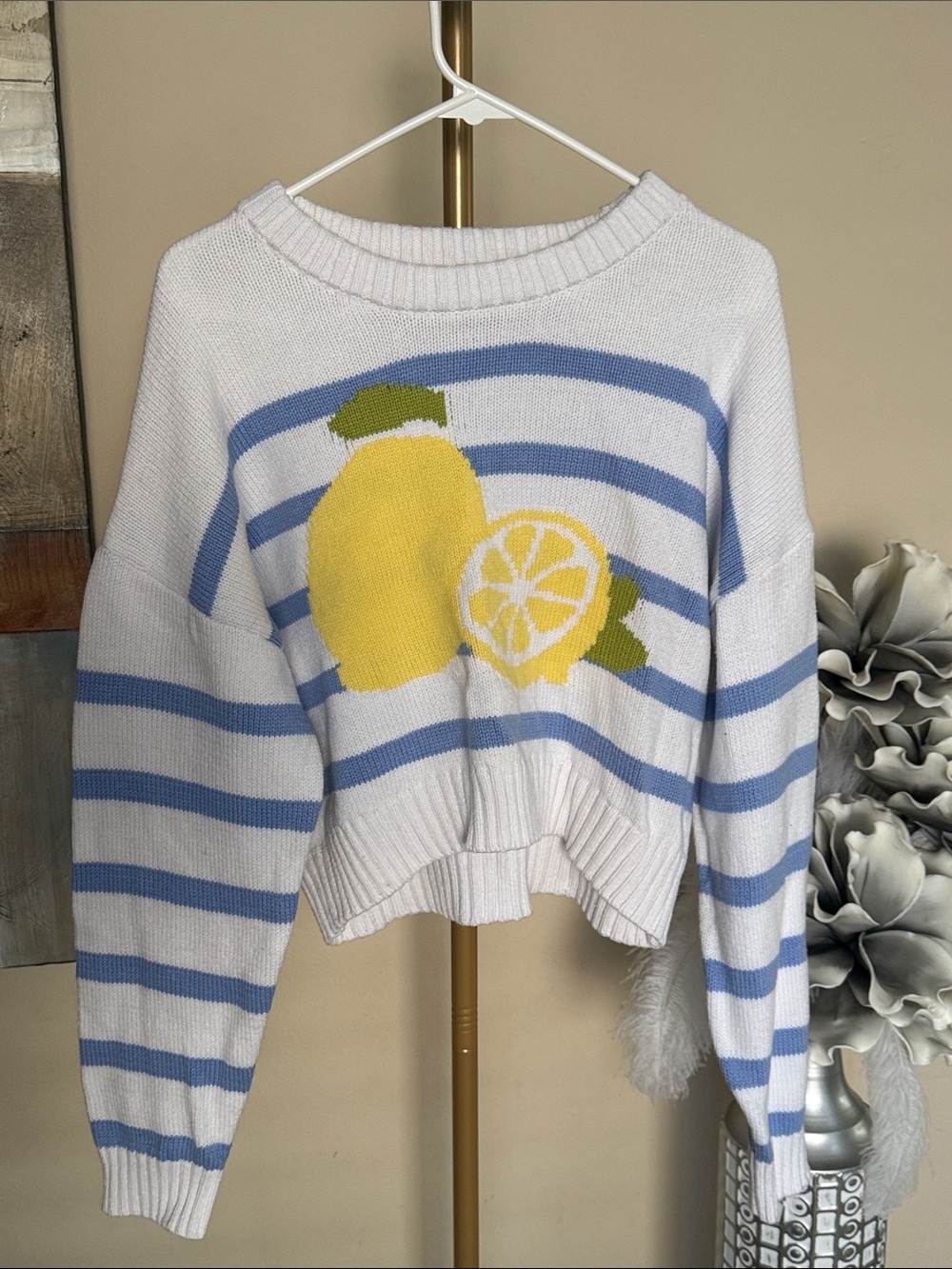 White & Blue Striped Lemon Crewneck Sweater
